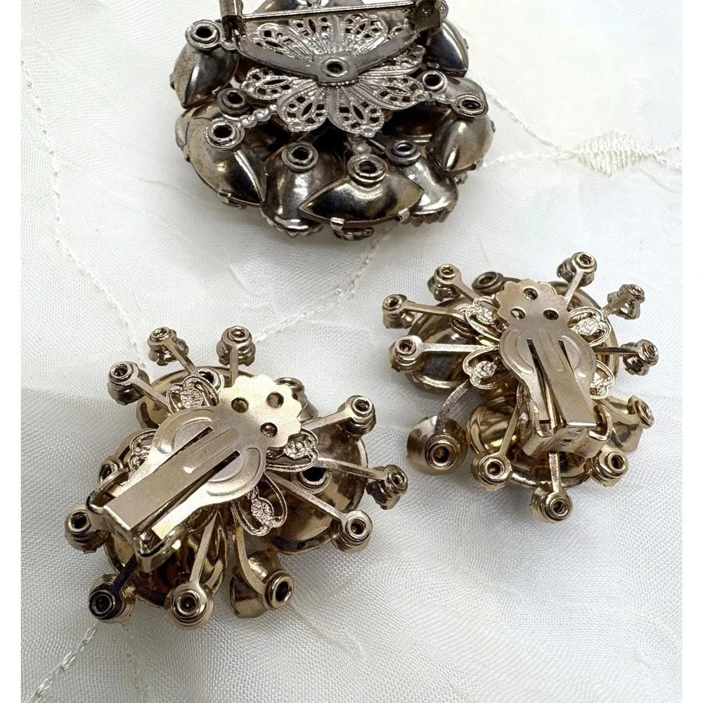Vintage 1950s MCM Pink Lavender Rhinestone Brooch Clip On Earrings Matching‎ Set